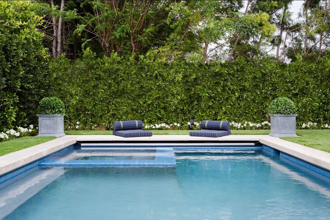 Formal rectangular swimming pool with flush-set spa framed by mature hedging in Avondale, Harare